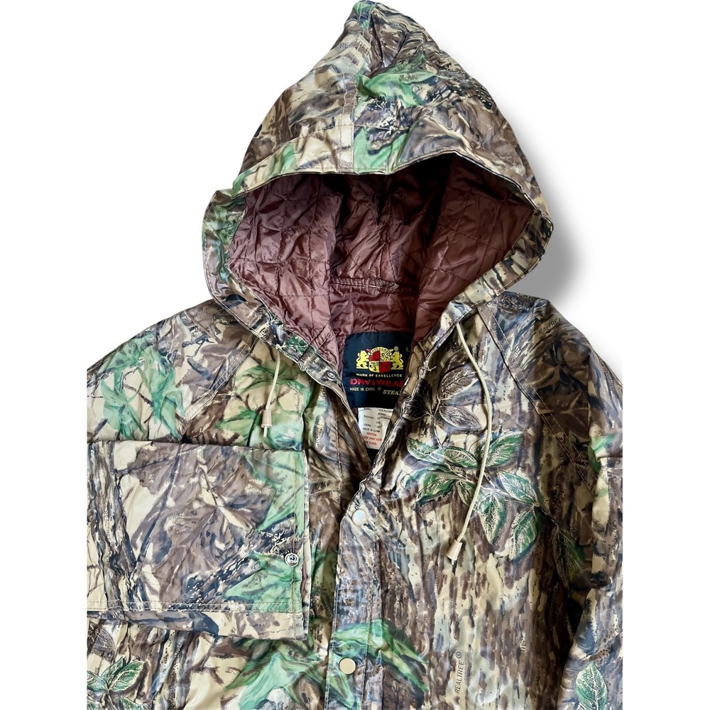 Vtg Stearns Drywear L Realtree Camo Hooded Rain Jacket Quilted Lining Hunting